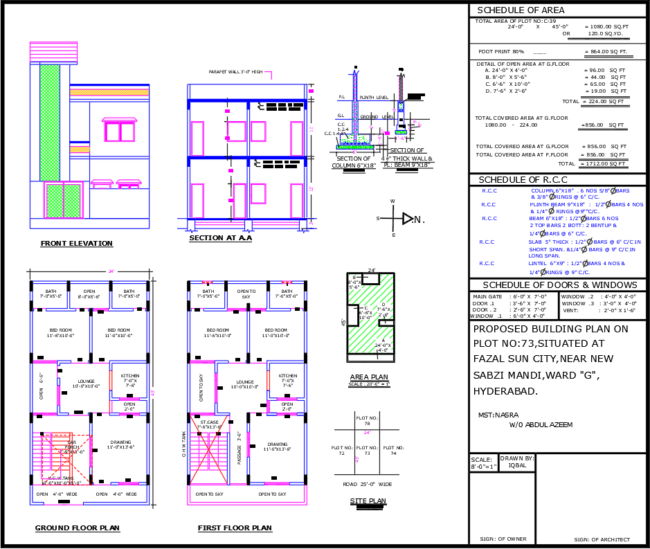 24x45 Small Two Storey House Plan with Four Bedrooms DWG File
