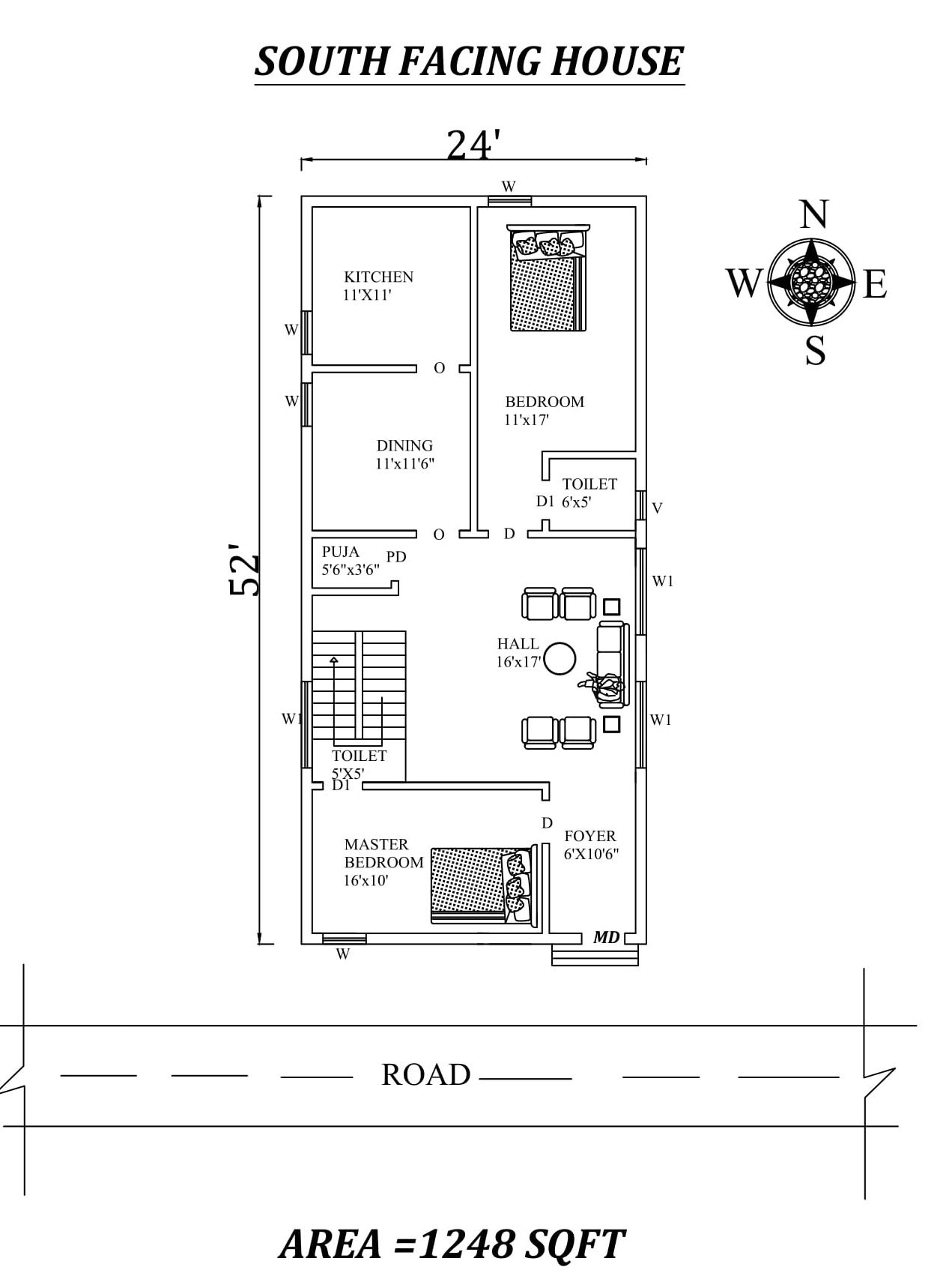 24'X 52' 2bhk Awesome Furnished South facing House Plan As Per Vastu Shastra.Autocad DWG and Pdf file details.