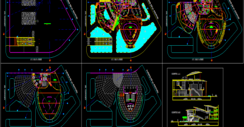 Auditorium 2d CAD Design with Floor Plan Measurements and Sections