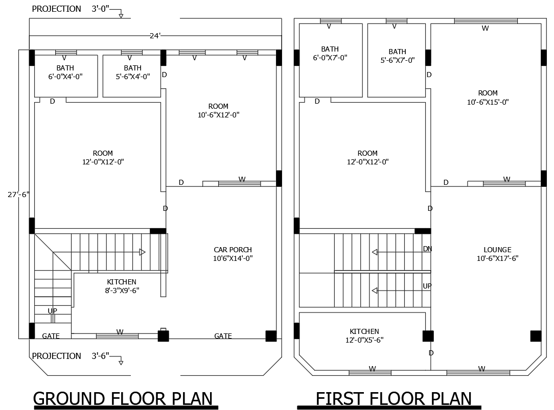 4BHK AutoCAD House Plan 24ftx27.6ft Two Floor Design