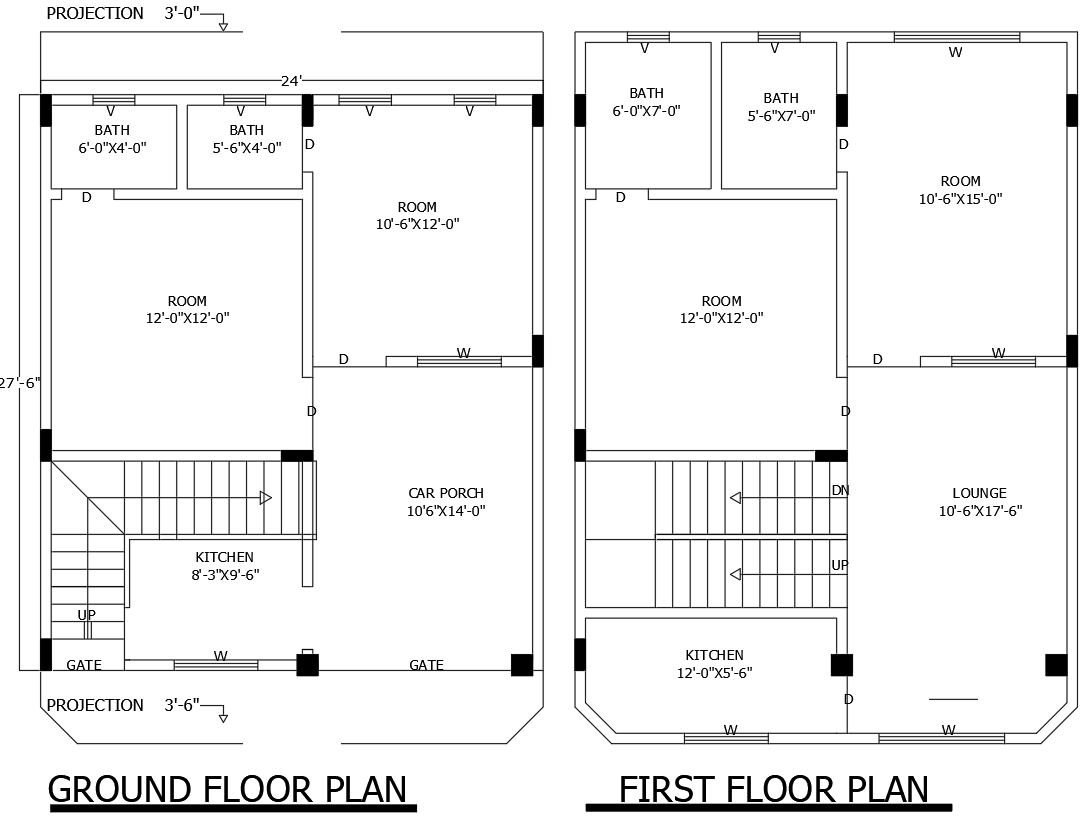 24ft x 27.6ft 4BHK House Plan with Ground and First Floor Plan – AutoCAD DWG File