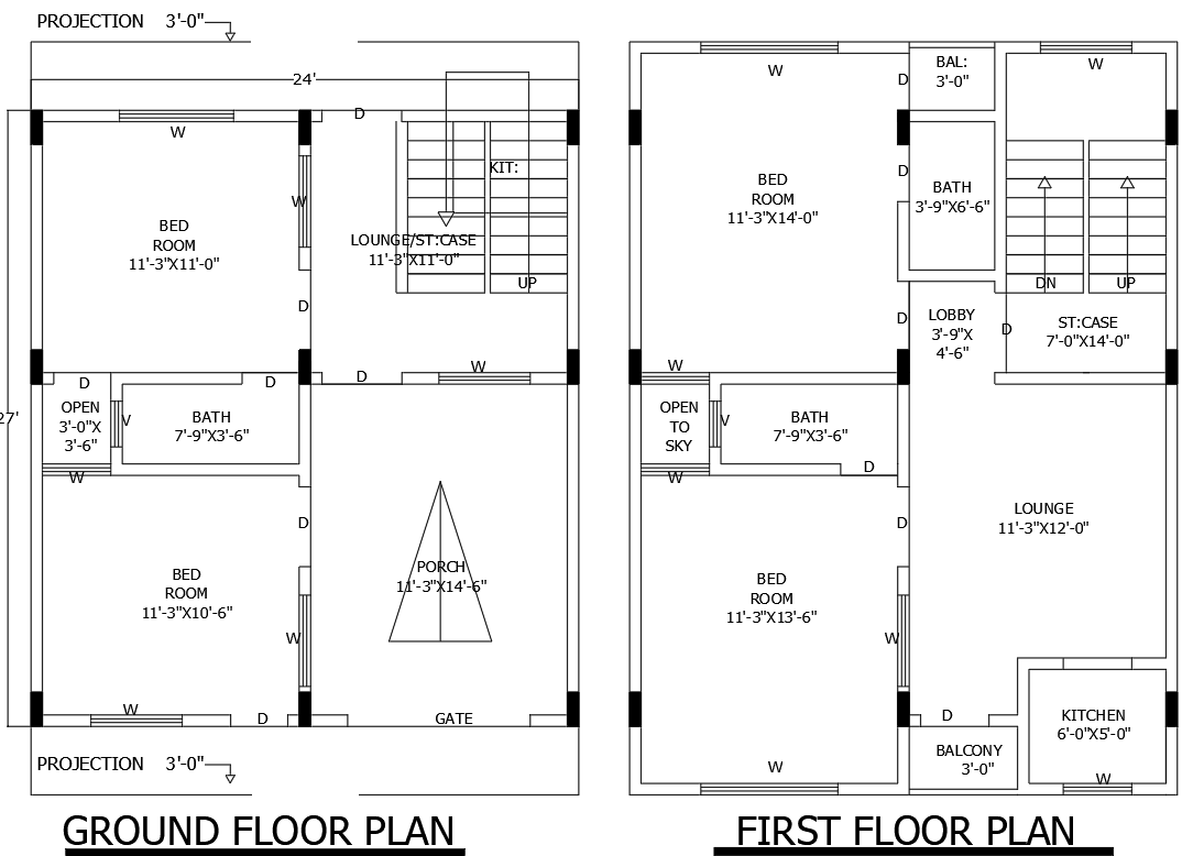 24x27ft 4BHK Ground & First Floor House Plan in DWG format