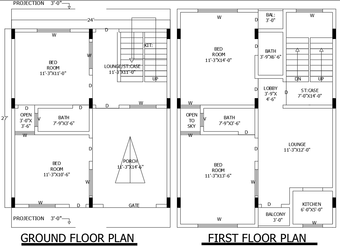 24ftx27ft Ground and First Floor House Plan DWG File