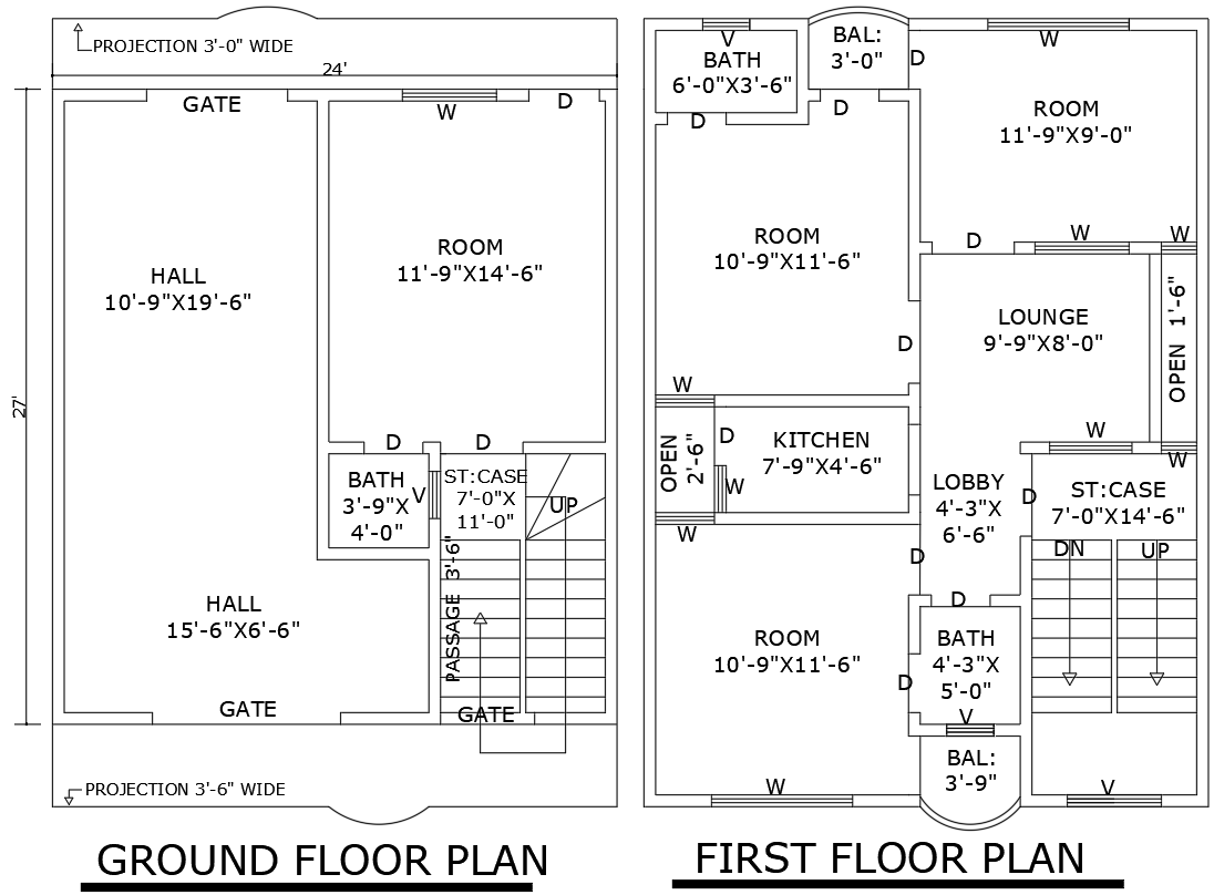 24ft x 27ft Ground and First Floor House Plan Layout with 4BHK Plan – AutoCAD DWG File 