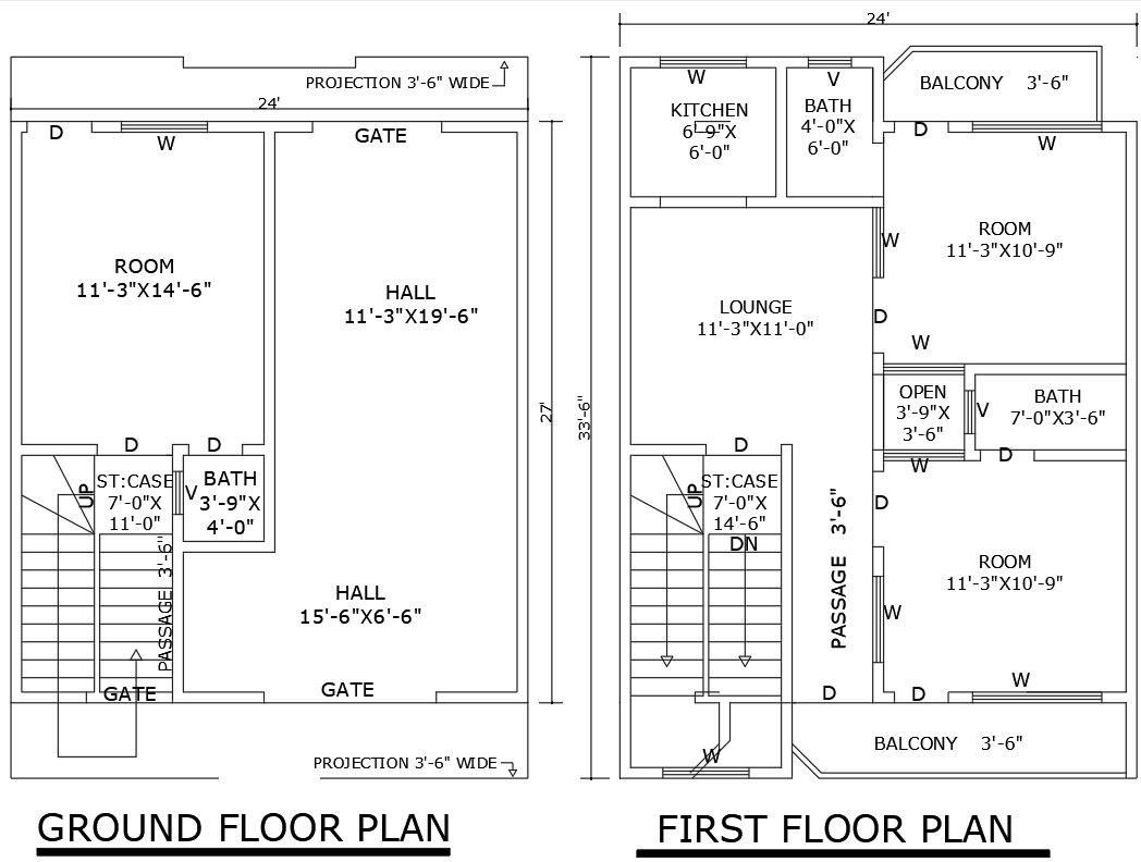 Compact 24ftx27ft 3BHK House Design in DWG Format