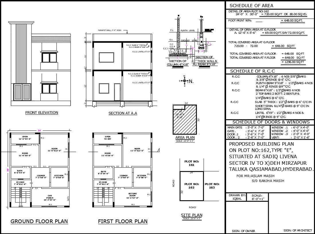 24x30ft 4BHK house plan DWG with elevation and section