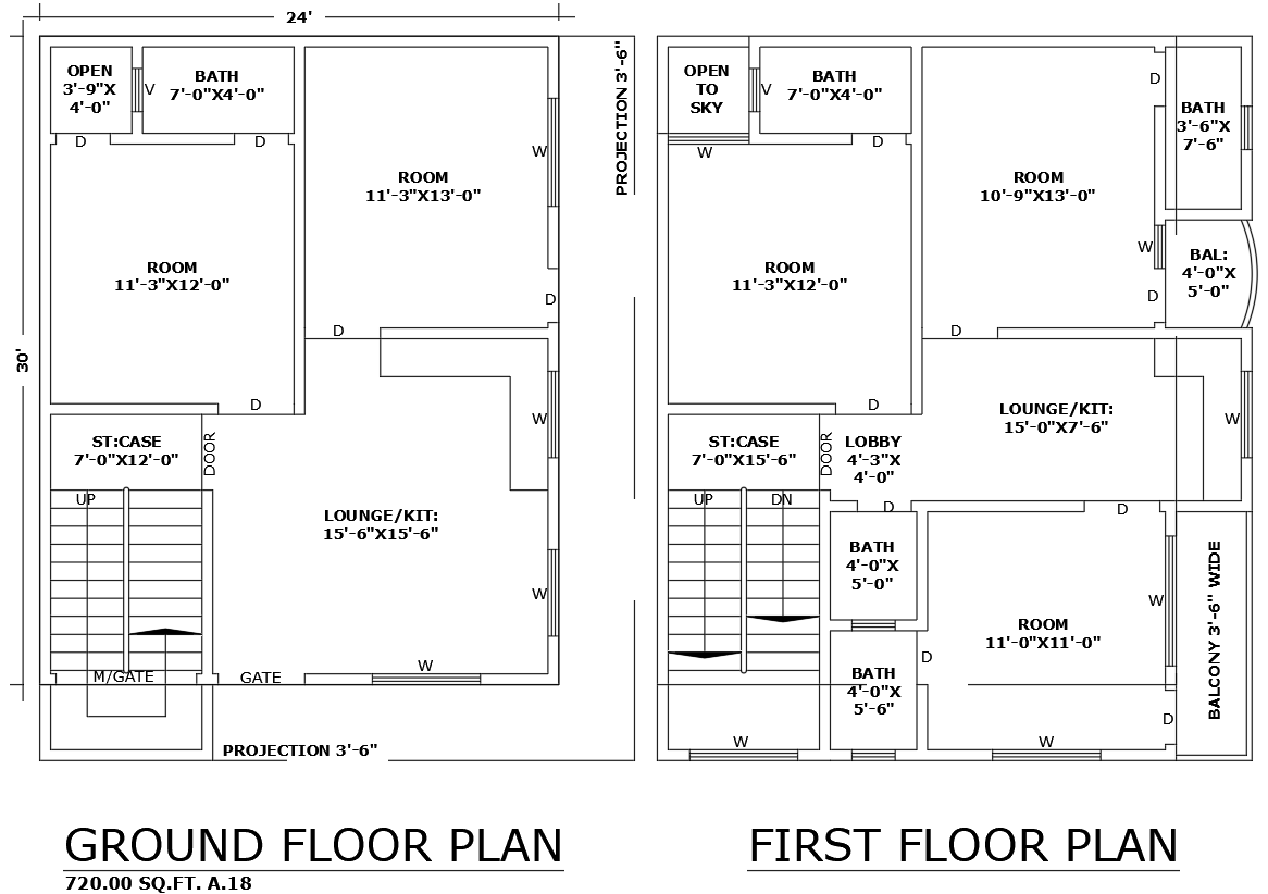 24ftx30ft 5BHK House Plan Two Floor AutoCAD DWG File