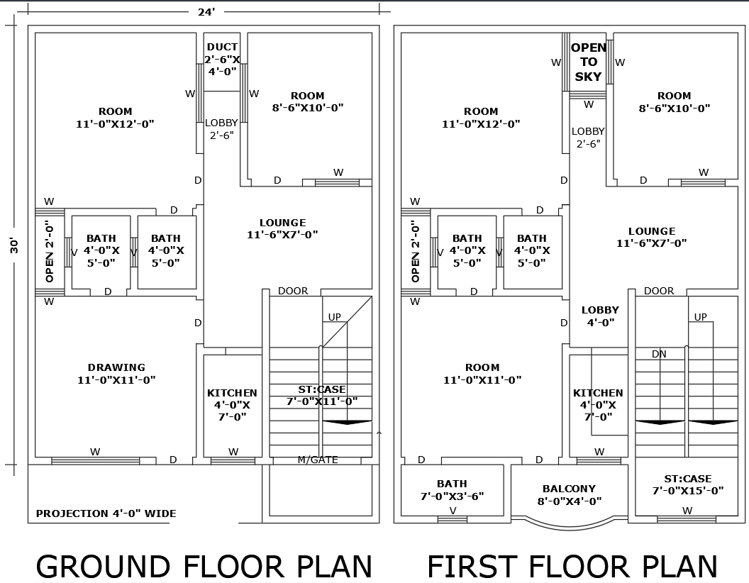 24ftx30ft 5BHK House Plan Design with AutoCAD DWG File