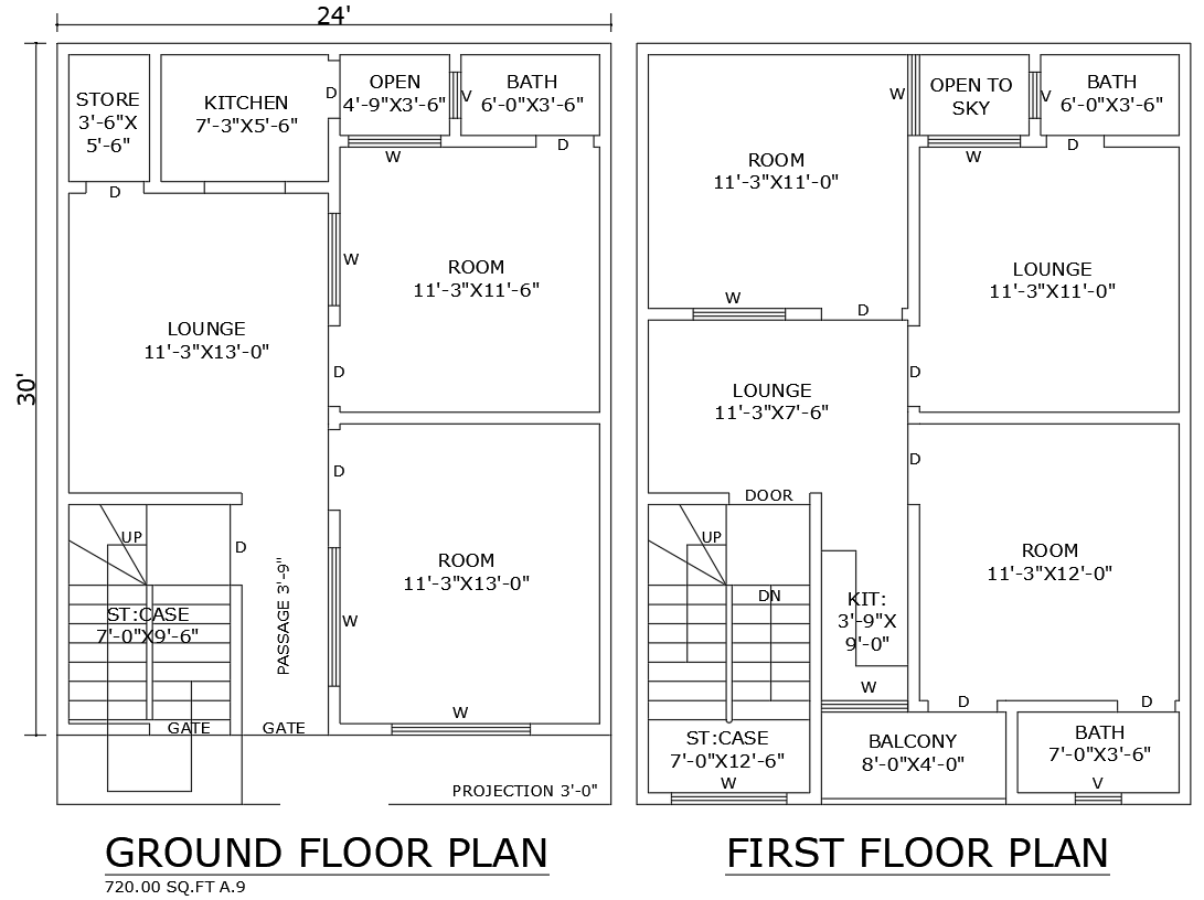 24ftx30ft 4BHK House Design with Two Floor DWG Plan