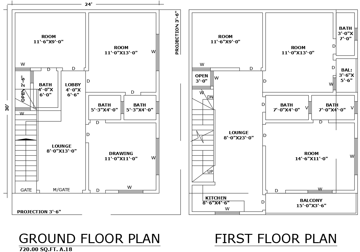 Two-Floor House Plan 24ftx30ft AutoCAD DWG Layout