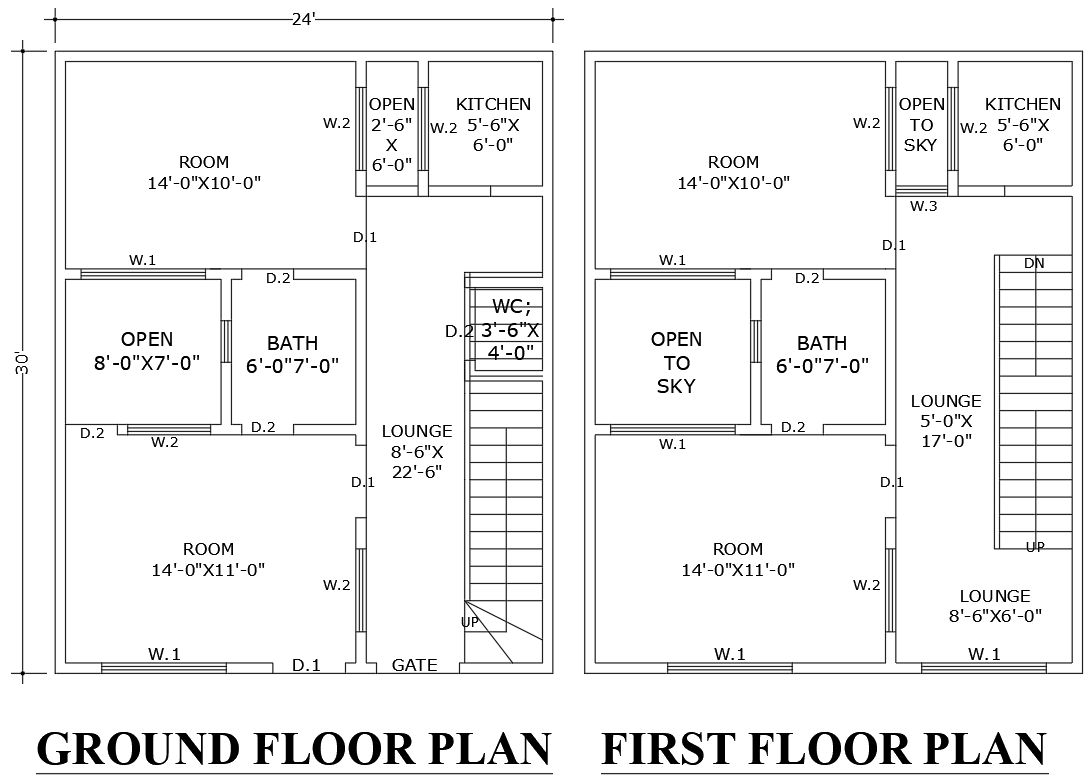 24x30ft 4BHK Ground and First Floor House Plan DWG File