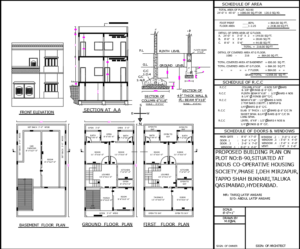 24ftx45ft 7BHK House Plan with Elevation and Sections