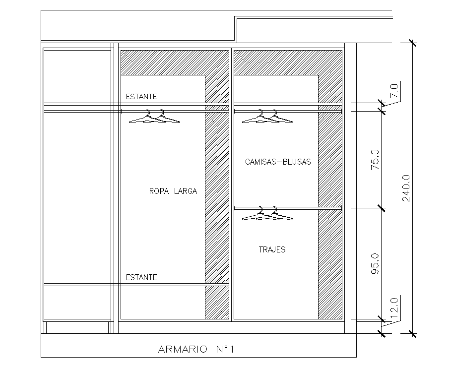 2.4m height of the wardrobe plan is given in this AutoCAD drawing model.Download now.