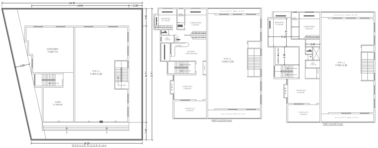 24m x 22.51m First-floor House Plan With Ground Floor Godown and Shop Layout Design | Autocad DWG File