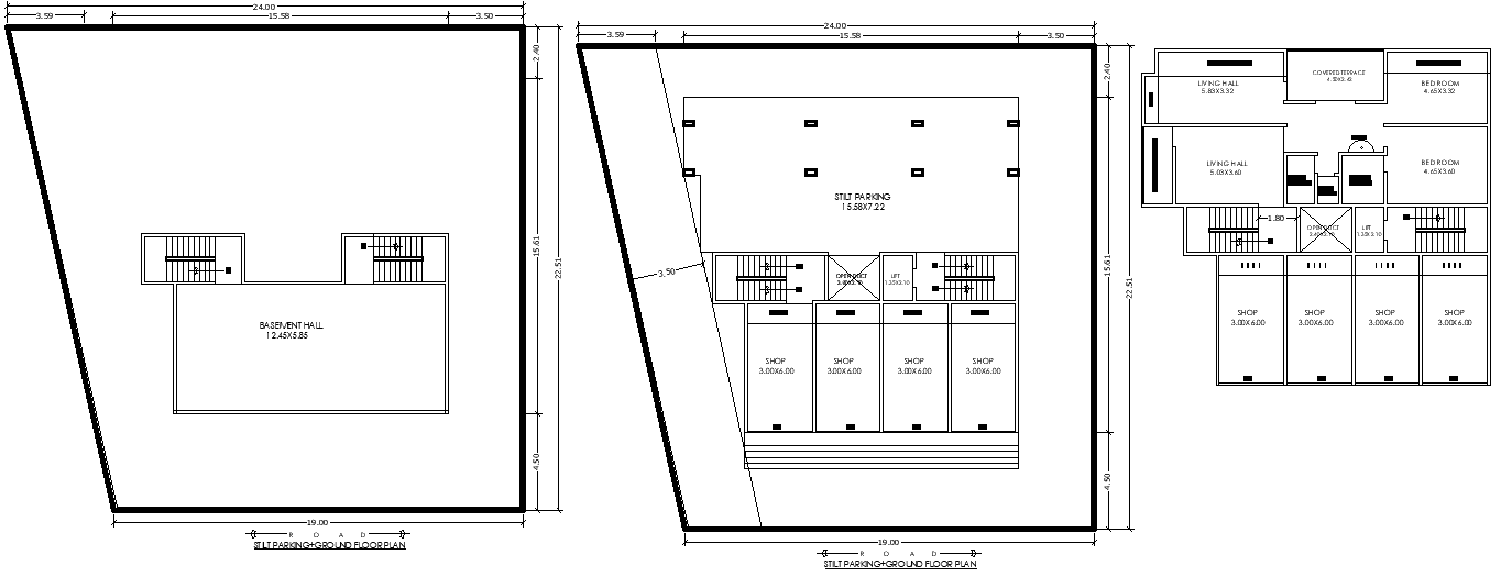 24m x 22.51m Ground Floor House and Shop Layout Plan With Basement Parking Plan | Autocad DWG file