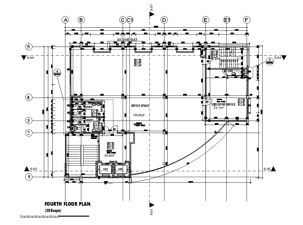 24x17m fourth floor office plan is given in this Autocad draiwing file. Download now.
