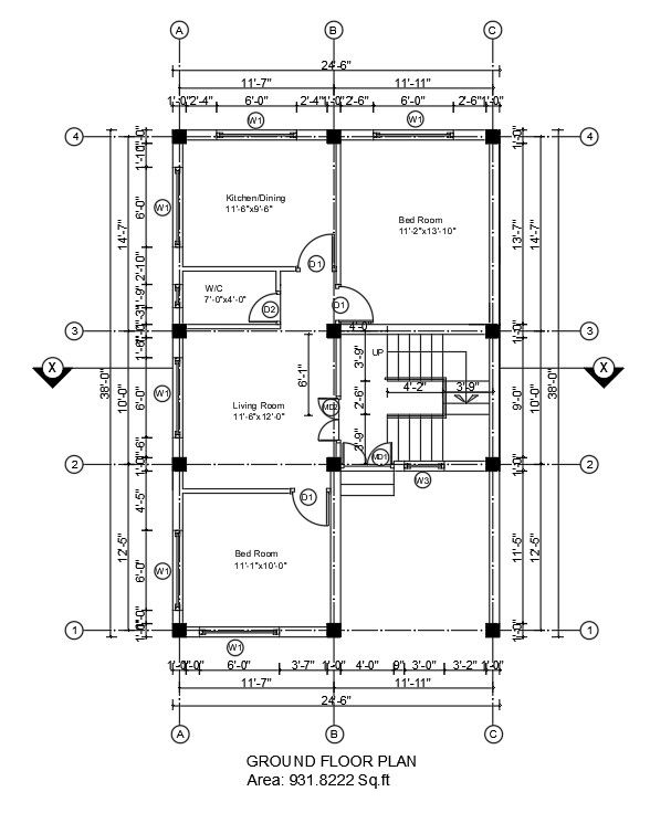 24’x38’ house plan is given in this AutoCAD drawing model. Download now.