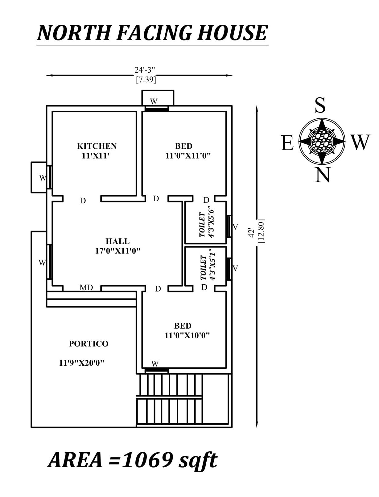  24'x42' Superb North facing 2bhk house plan as per vastu Shastra , Autocad DWG file Details.