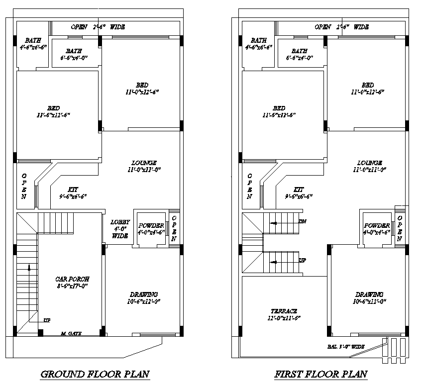 24x45 Two-Story House Plan with Car Porch in AutoCAD File