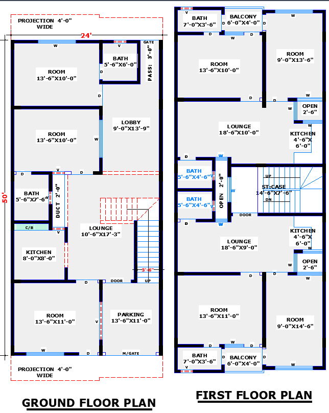 CAD Drawing of 24x50 Residential Two-Story House Plan