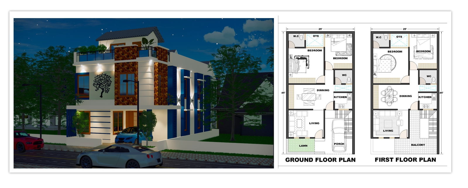 25’x45’ house plan furniture design with attractive 3d Elevation.Download the free Autocad and Revit drawing file.