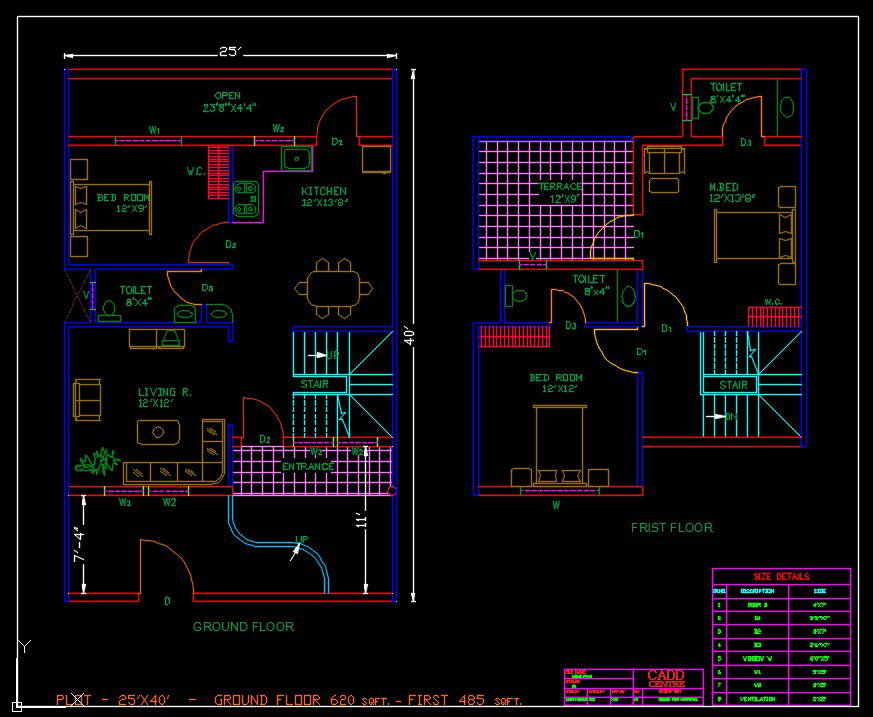 25'X40' House Ground Floor And First Floor Plan DWG File