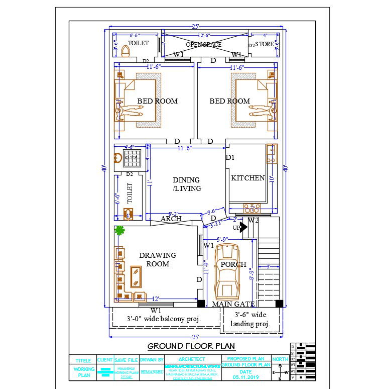 25 'X 40' House Plan North Facing DWG File