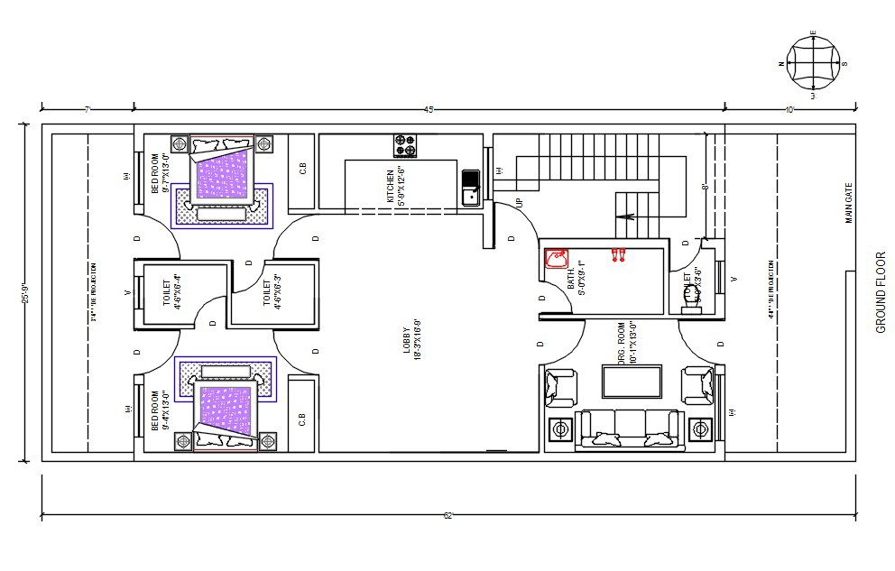 AutoCAD Drawing of 25x62 Feet South Facing House Ground Plans
