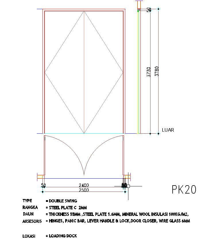 2500×3780 sized double swing door design is given in the AutoCAD drawing, CAD file, dwg file
