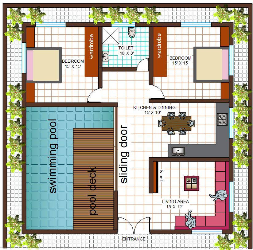 2500 sqft House Plan With Swimming Pool Design DWG File