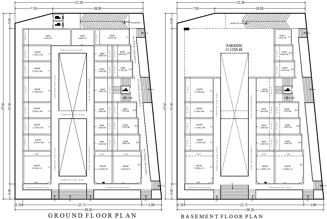 25.50m x 37m Commercial Building Ground and Basement Floor Plan With Shops Plan AutoCAD DWG