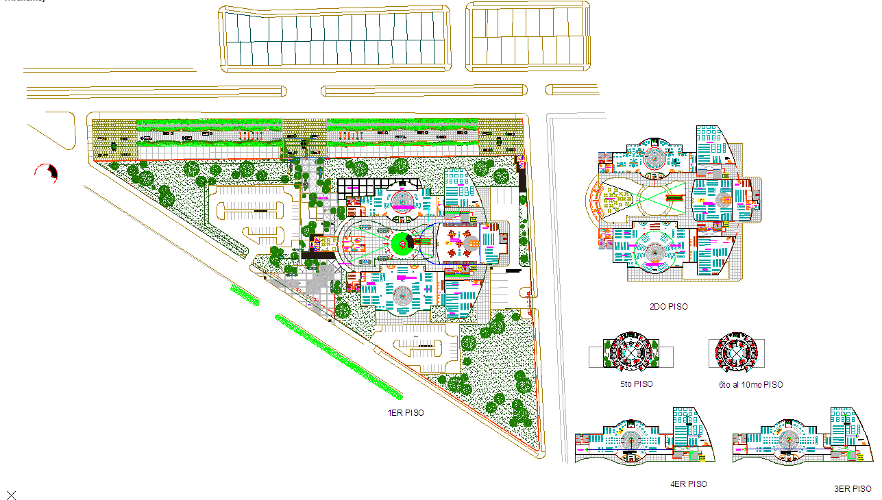 Multi Storey Building DWG with Site Plan and Detailed Floor Layouts