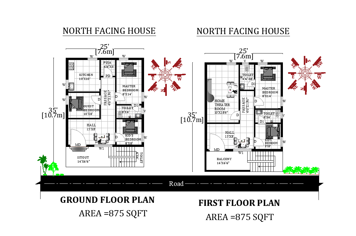 25'X35' Amazing north facing G+1 House Plan as per vastu Shastra,Autocad DWG and Pdf file details.