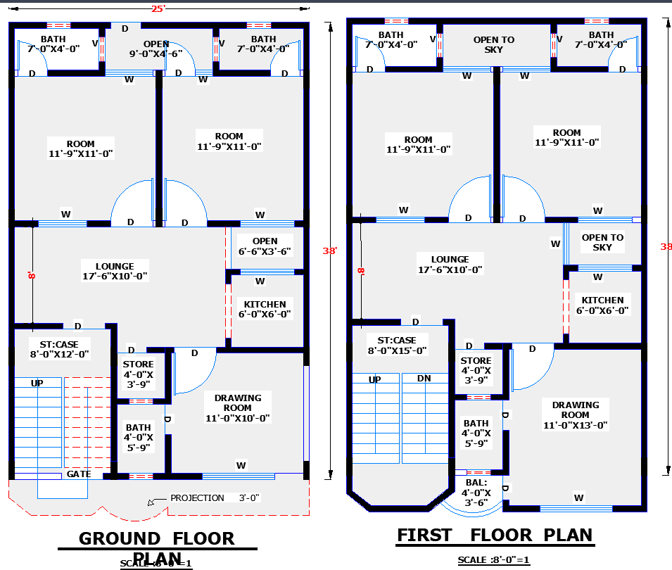 25x38 Two-Storey Residential House Plan in AutoCAD File
