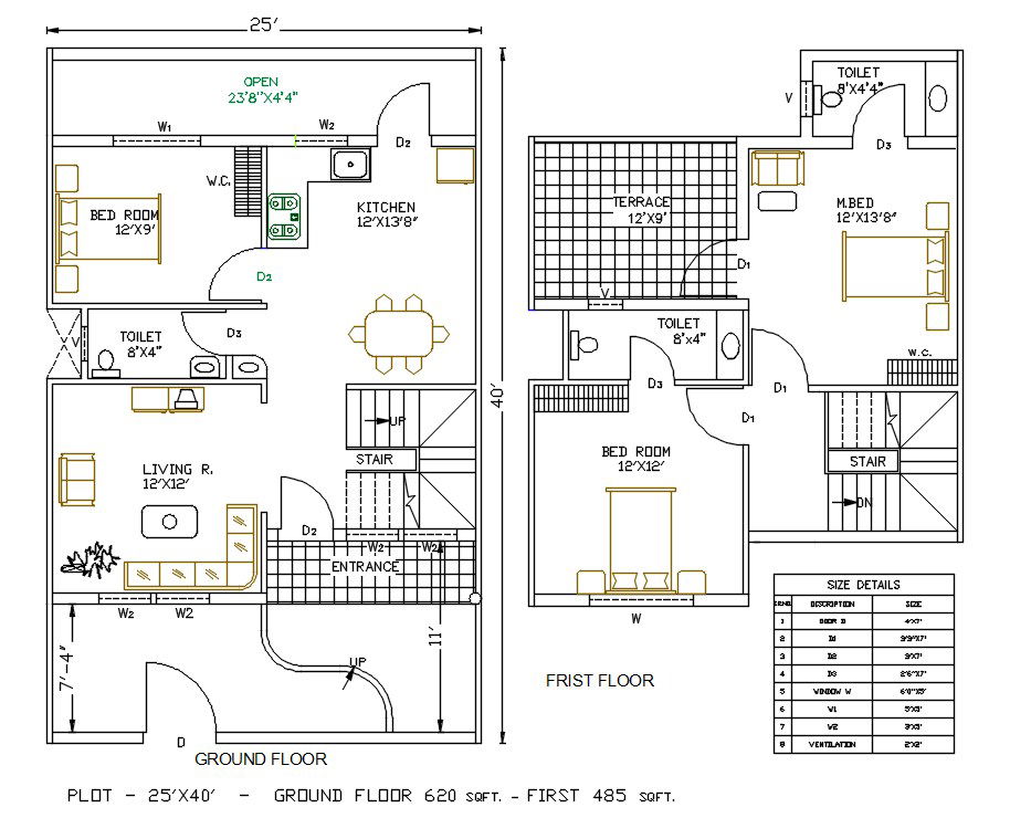 25X40 House Ground Floor And First Floor Plan DWG File