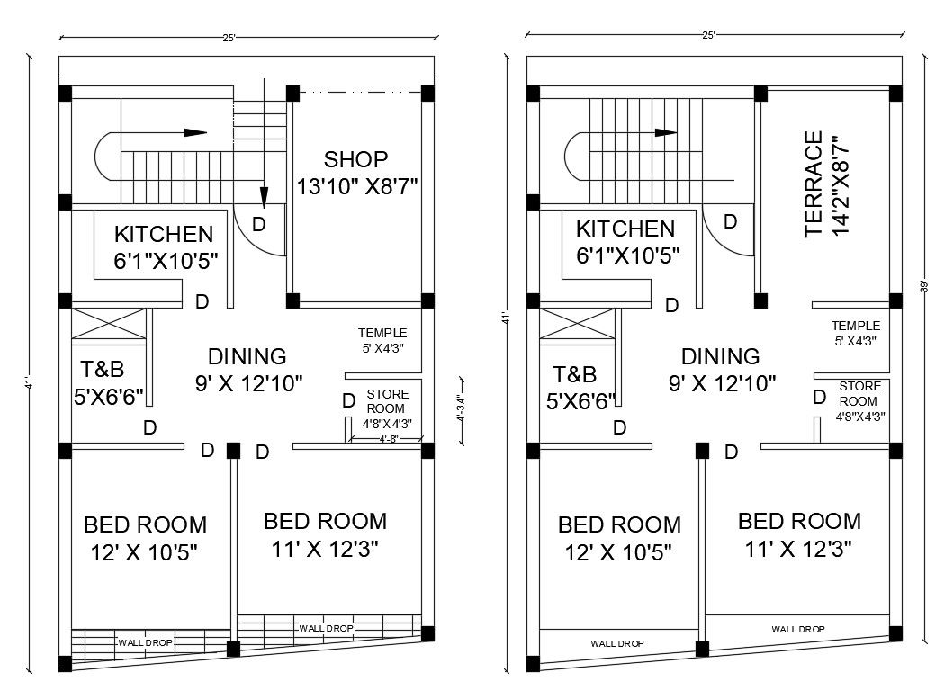 25'X41' Plot Size 2 BHK House Floor Plan Drawing DWG File
