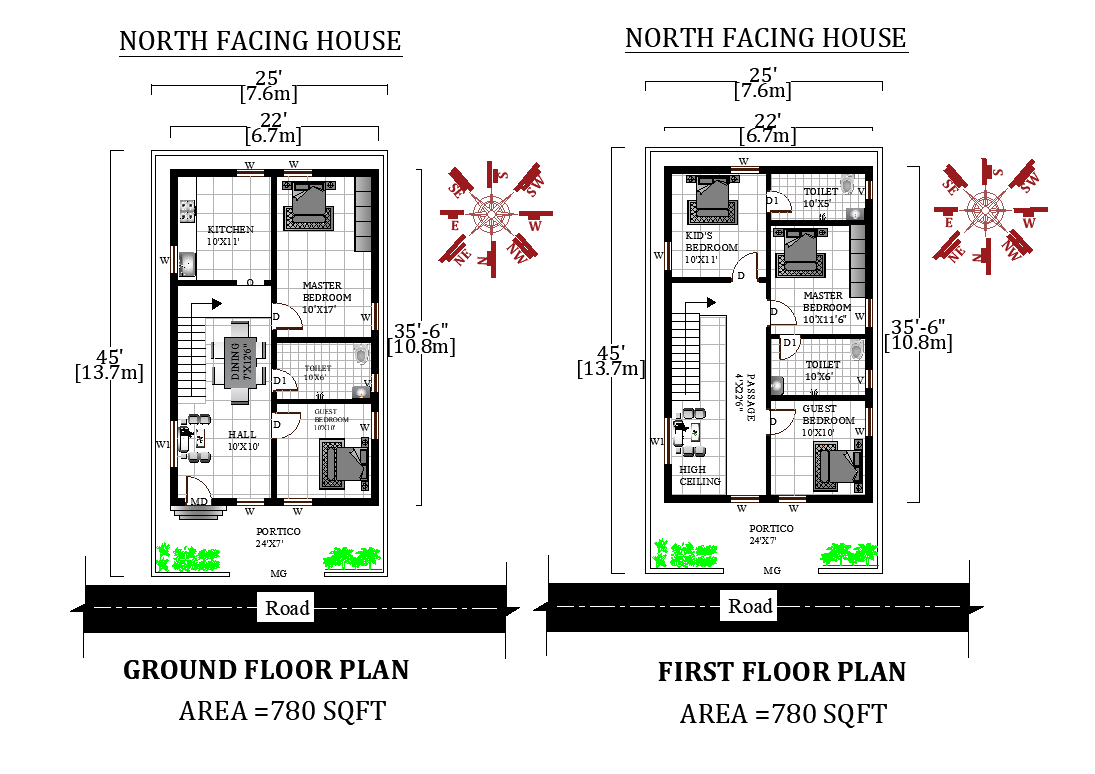 25'X45' Amazing 2bhk North facing Ground and First floor House Plan as per vastu Shastra,Autocad DWG and Pdf file details.