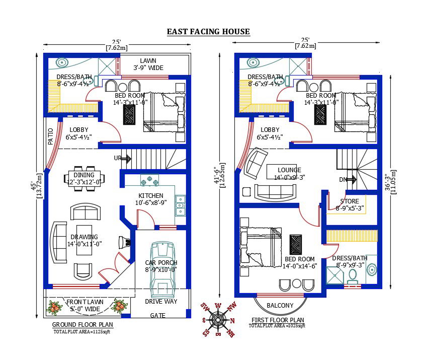 25'X45' East Facing House Plan Drawing DWG File