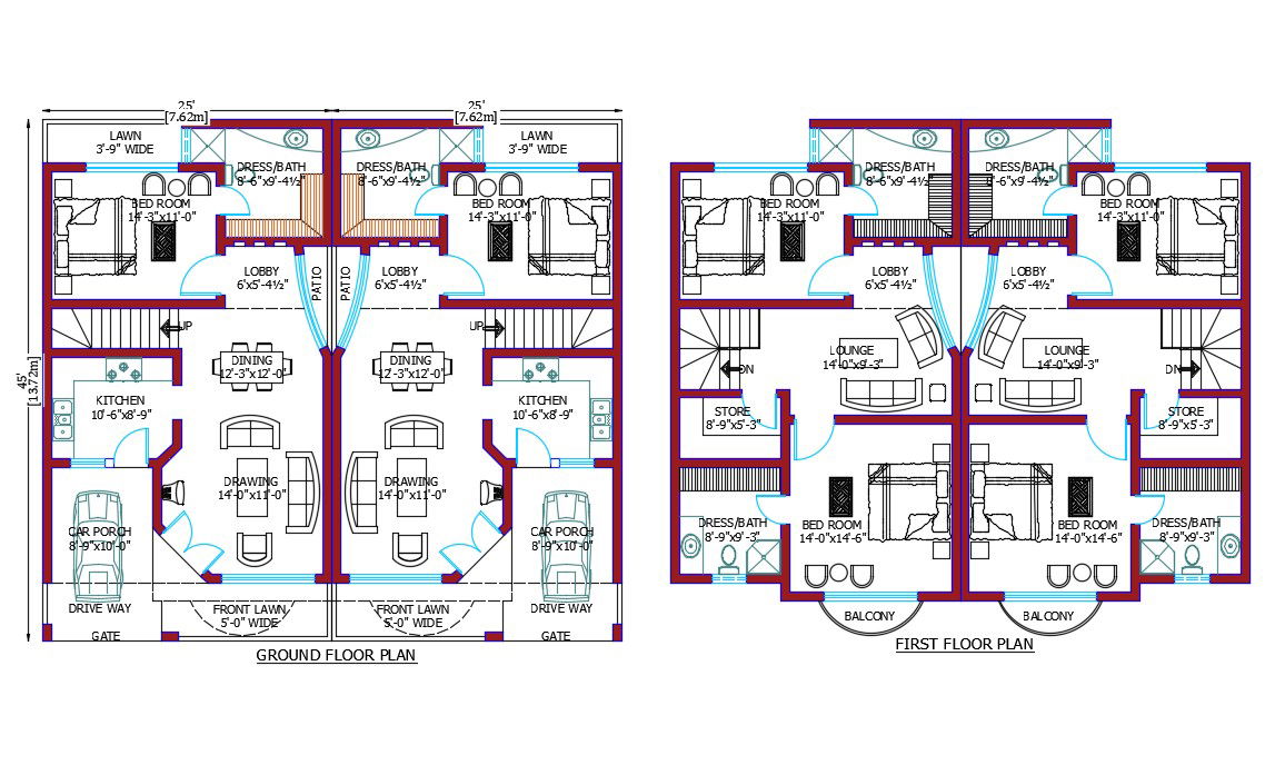 25x45 Feet 3BHK Duplex House Design Layout Plan in AutoCAD DWG File