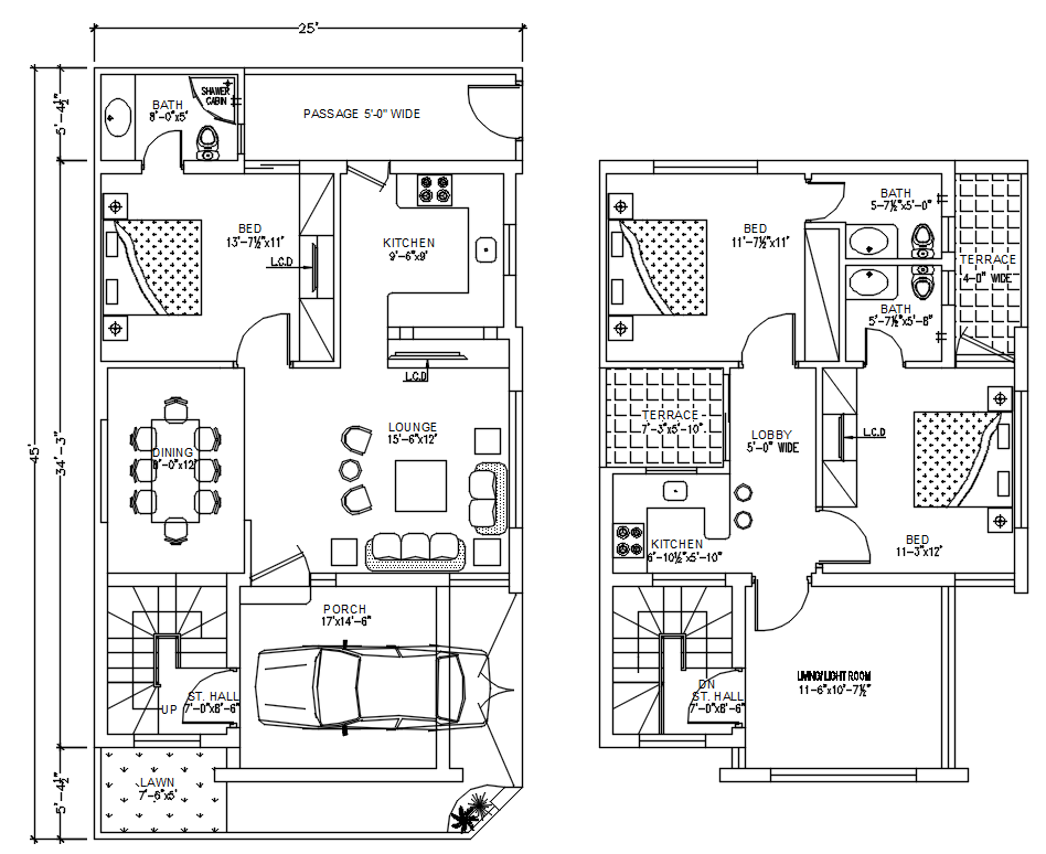 25'X45' House Plan With Furniture Layout AutoCAD Drawing DWG File