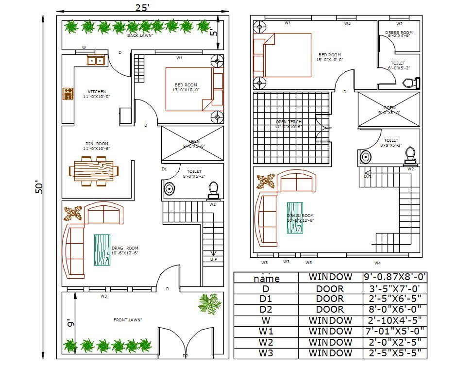 25X50 Futniture House Ground Floor And First Floor Plan DWG File