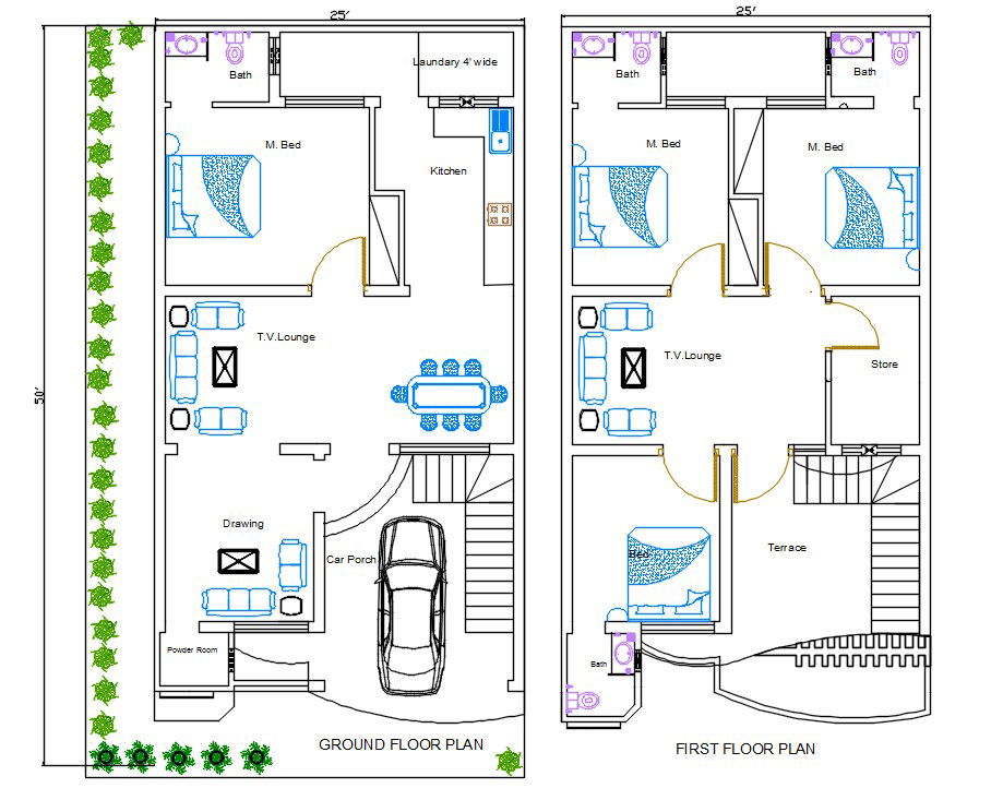 25' X 50' House Ground Floor And First Floor Plan AutoCAD File