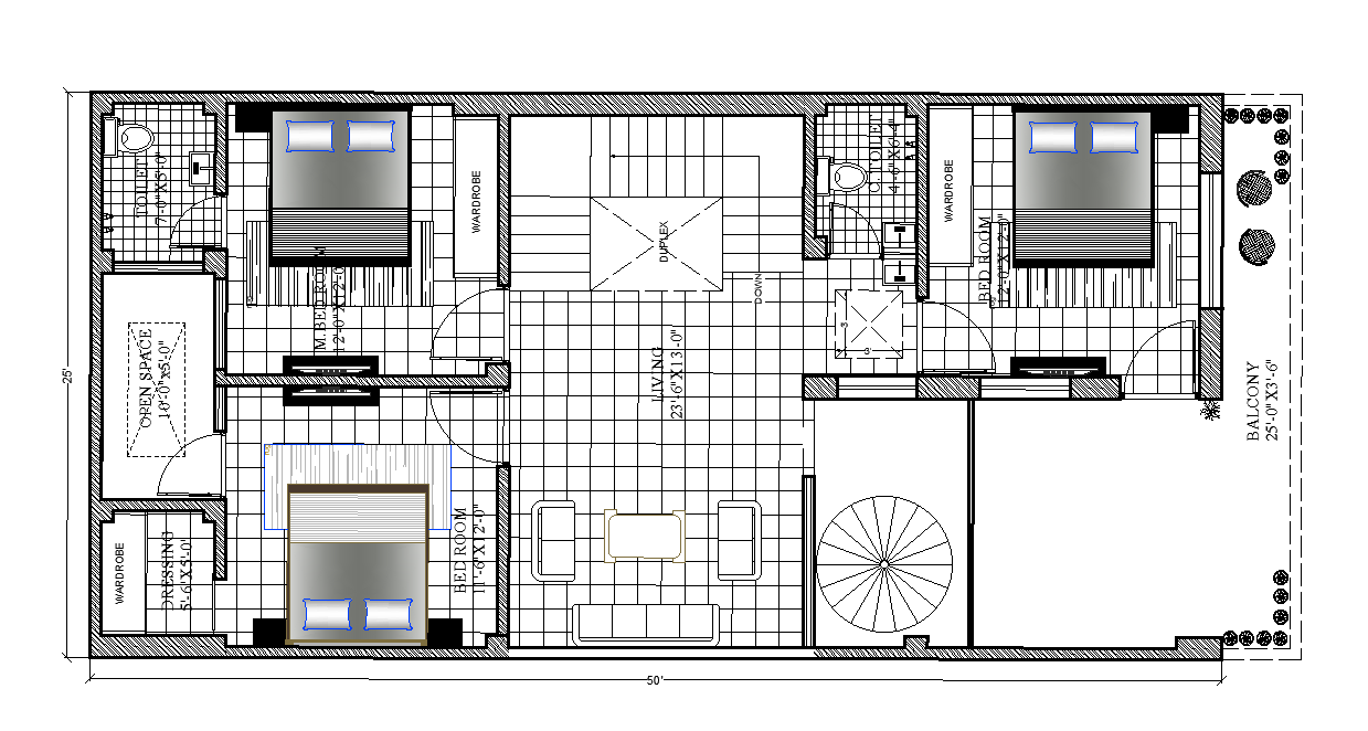 25'x50' House Bedroom Floor Plan in AutoCAD DWG File