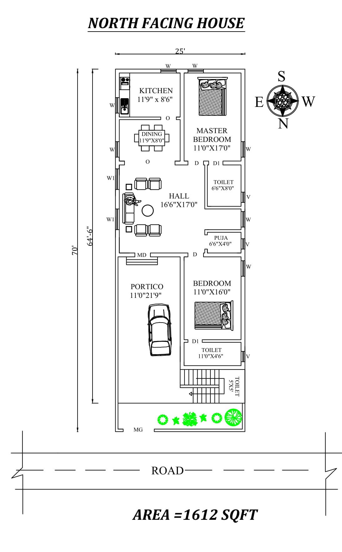 25'X64'6" Amazing North facing 2bhk house plan as per Vastu Shastra. Autocad DWG and Pdf file details.