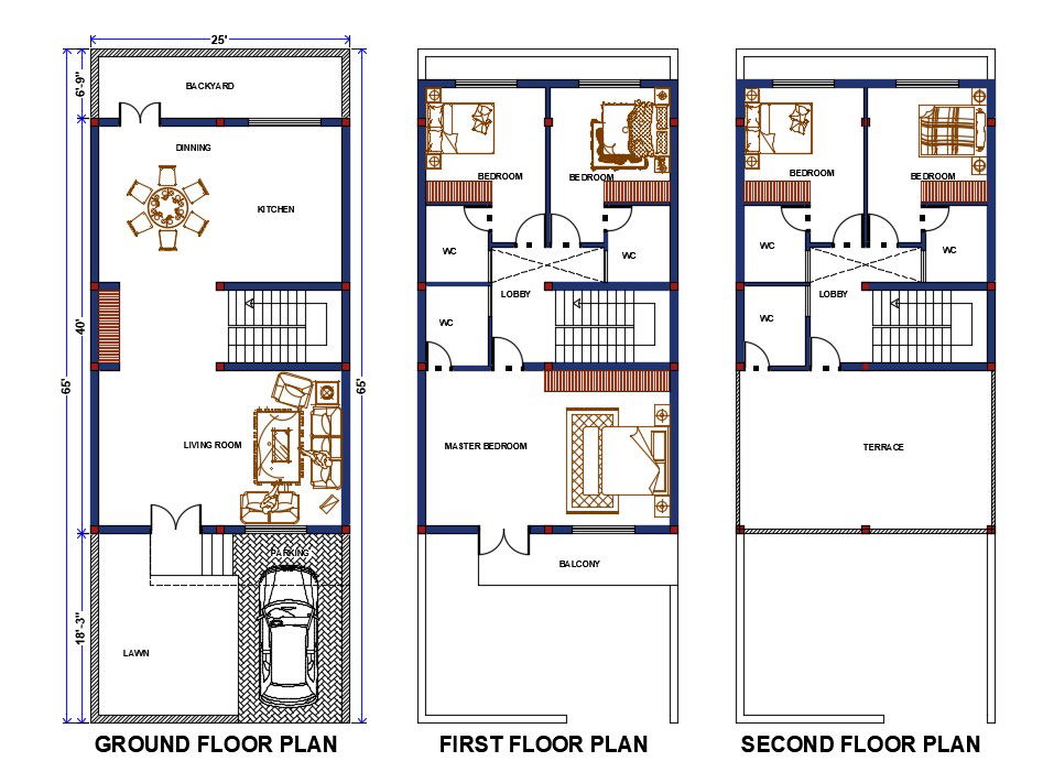 25'X65' House Plan AutoCAD Drawing Download DWG File