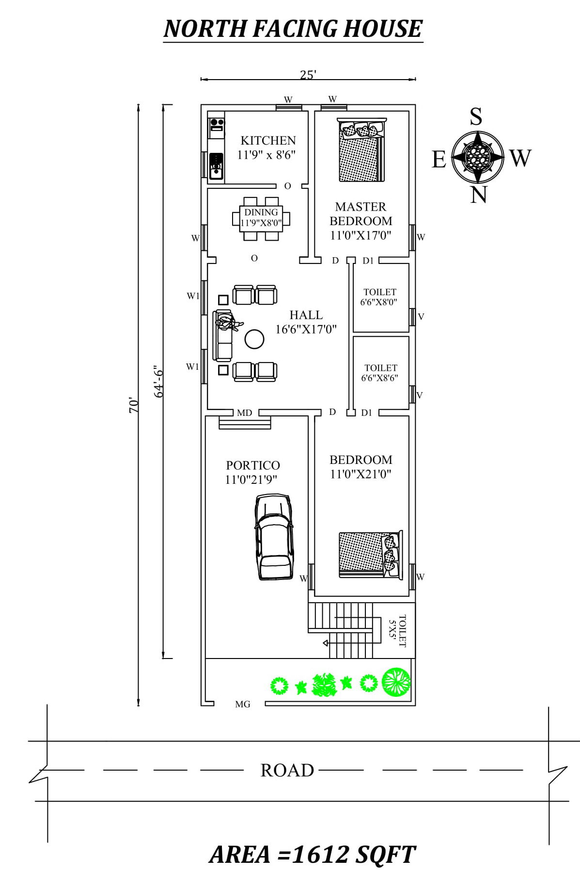 25'X70' Amazing North facing 2bhk house plan as per Vastu Shastra.Autocad DWG and Pdf file details.