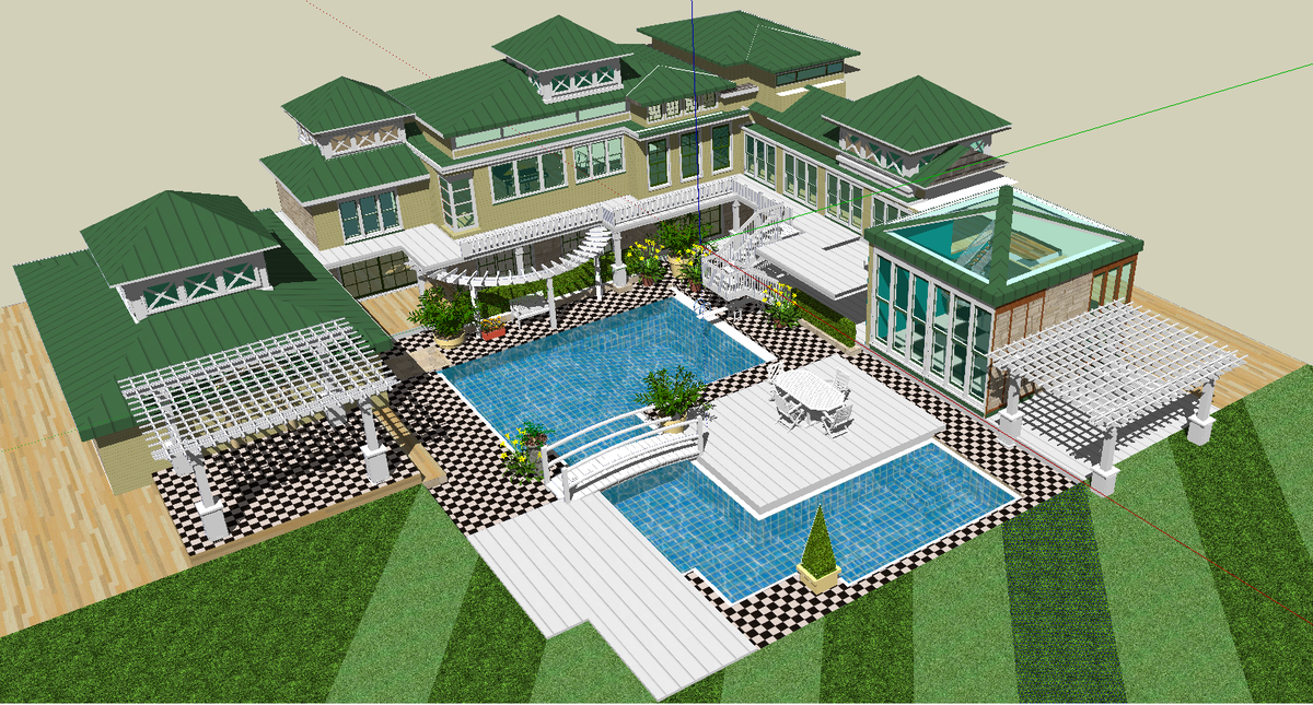 3D bungalow design with detailed pool layout pergolas and landscape