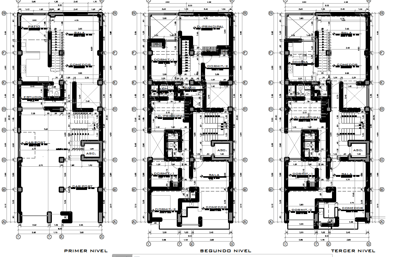 Housing Project DWG with 3 Level Plans and 5.07m Carport Layout Design