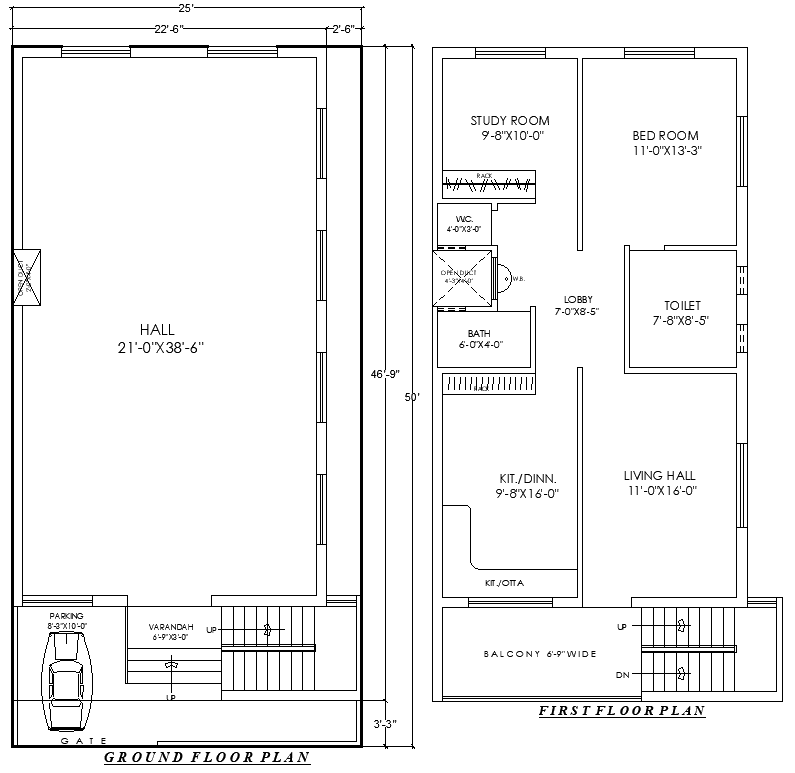 25ftx50ft AutoCAD House Design with Two Floor 2BHK Plan