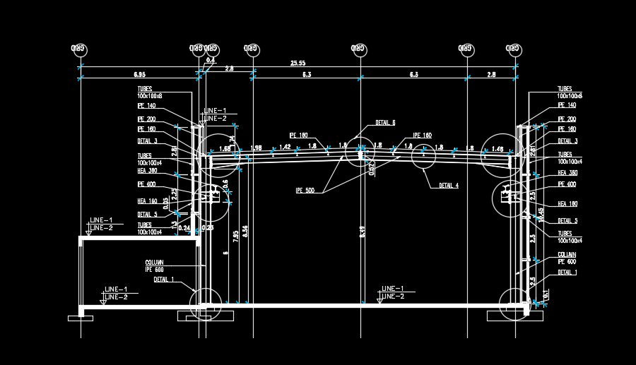 25m length of the industrial building section AutoCAD drawing